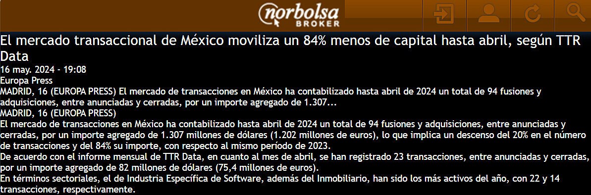 El mercado transaccional de Mxico moviliza un 84% menos de capital hasta abril, segn TTR Data